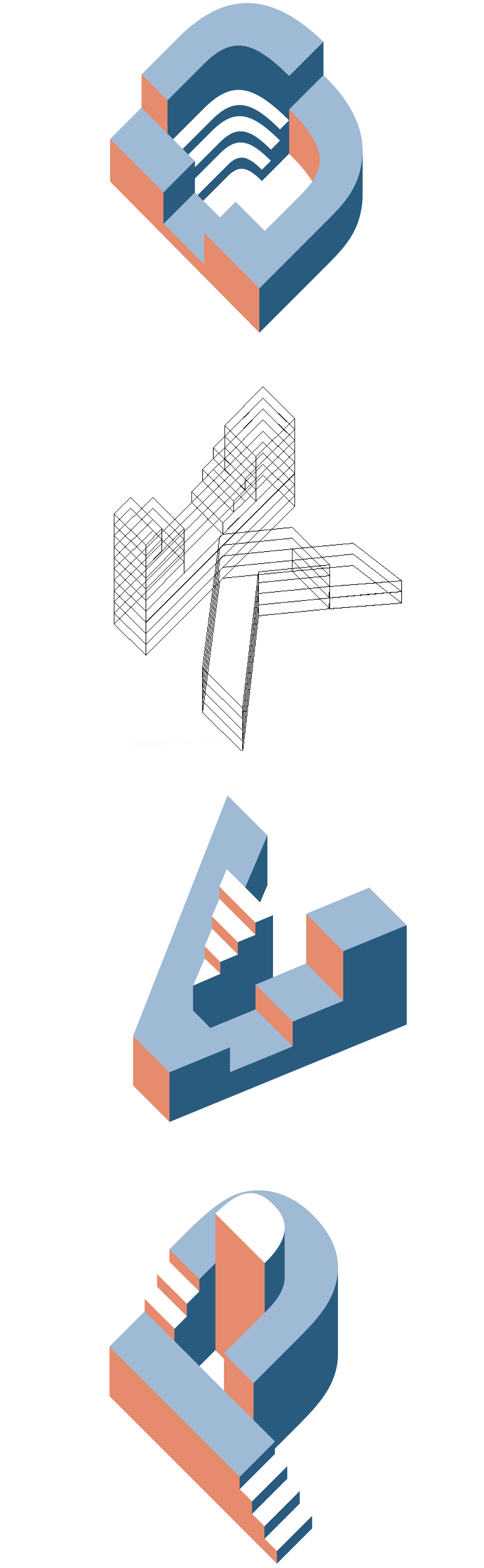 Isometric illustrations of the letters D, K, V and P