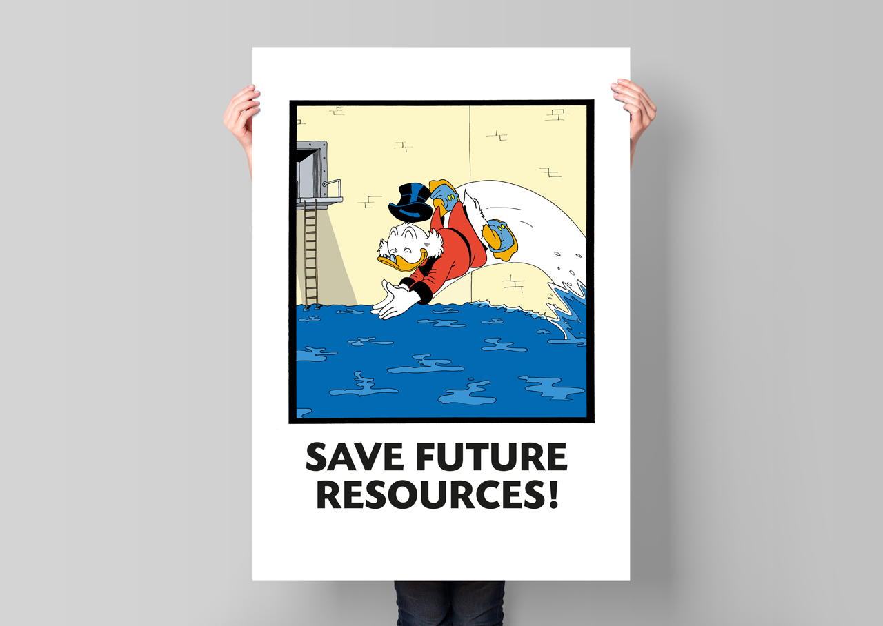 Illustration of Uncle Scrooge swimming in water instead of money